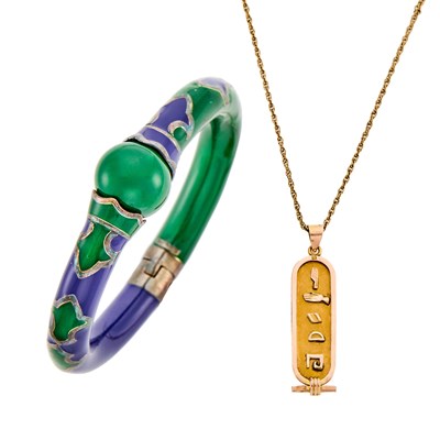 Lot 1242 - Silver and Enamel Bangle Bracelet and Gold Pendant with Low Karat Gold Chain