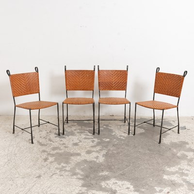 Lot 117 - Group of Four Leather Woven and Metal Side Chairs