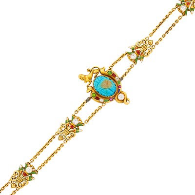 Lot 91 - Egyptian Revival Gold, Turquoise Scarab, Diamond and Enamel Bracelet