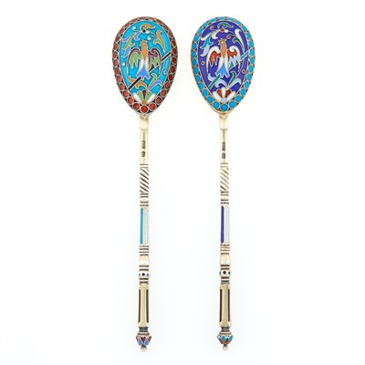 Lot 335 - Two Russian Silver-Gilt and Cloisonné Enamel Spoons