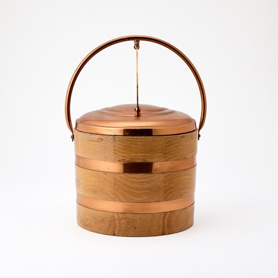 Lot 130 - Copper and Bent Oak Covered Ice Bucket with Mechanical Swivel Cover
