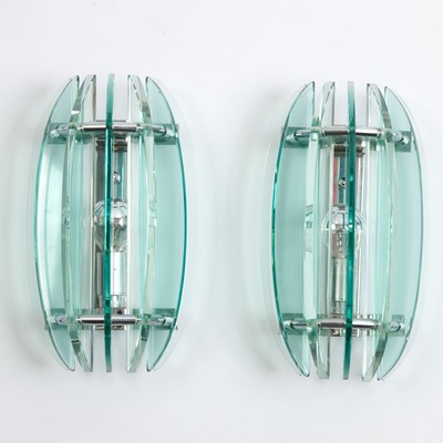 Lot 220 - Pair of Fontana Arte Style Chromed Metal and Glass Single-Light Sconces
