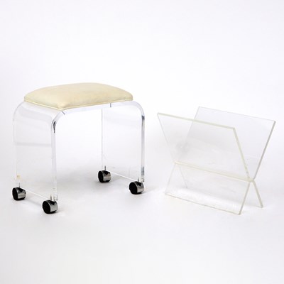 Lot 729 - American Acrylic Rolling Vanity Bench and Acrylic Magazine Rack