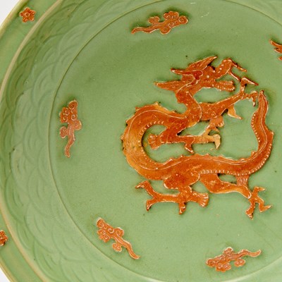 Lot 511 - A Chinese Longquan Celadon 'Dragon' Charger