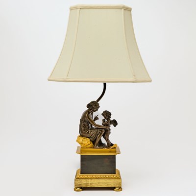 Lot 682 - Louis Philippe Style Parcel-Gilt and Patinated Bronze Figural Table Lamp