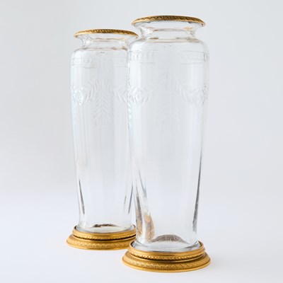 Lot 885 - Pair of Empire Style Gilt Metal-Mounted Wheel-Engraved Blown Glass Vases