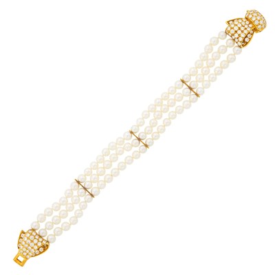 Lot 31 - Van Cleef & Arpels Triple Strand Cultured Pearl, Gold and Diamond Bow Bracelet