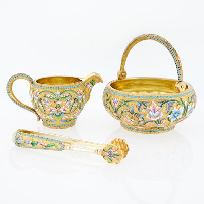 Lot 328 - Russian Silver-Gilt and Cloisonné Enamel Sugar Bowl, Cream Jug and Sugar Tongs