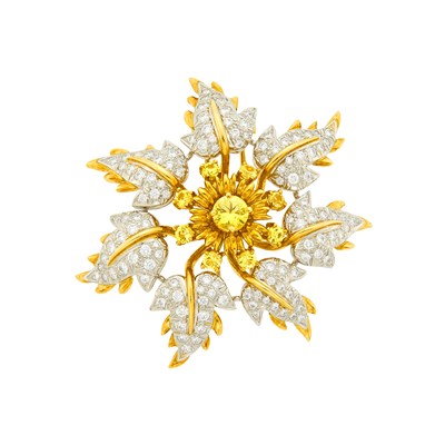 Lot 162 - Tiffany & Co., Schlumberger Platinum, Gold, Yellow Sapphire and Diamond Clip-Brooch