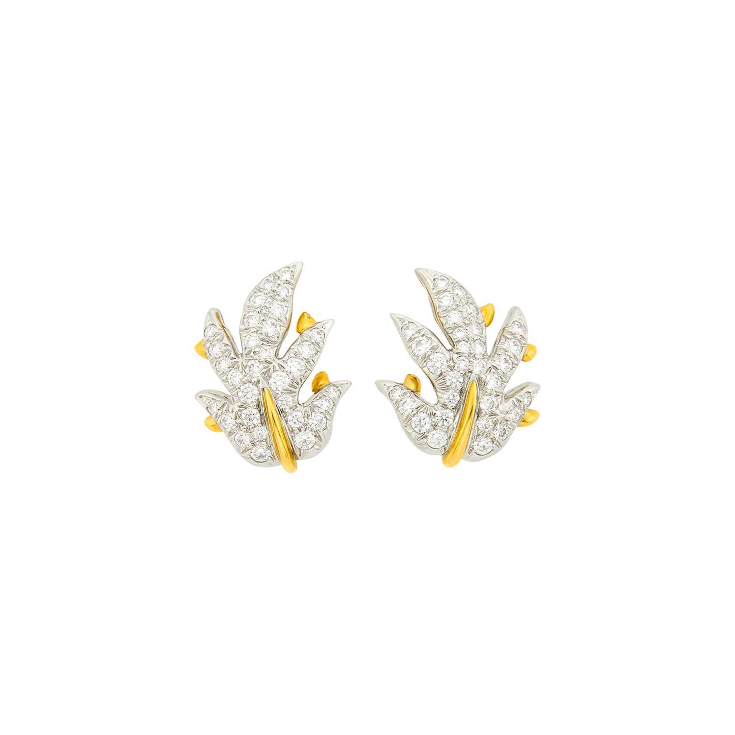 Lot 163 - Tiffany & Co., Schlumberger Pair of Platinum, Gold and Diamond Leaf Earclips