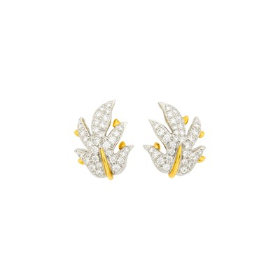 Lot 163 - Tiffany & Co., Schlumberger Pair of Platinum, Gold and Diamond Leaf Earclips