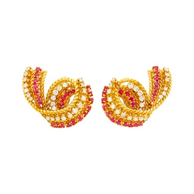 Lot 35 - Tiffany & Co. Pair of Gold, Diamond and Ruby Earclips
