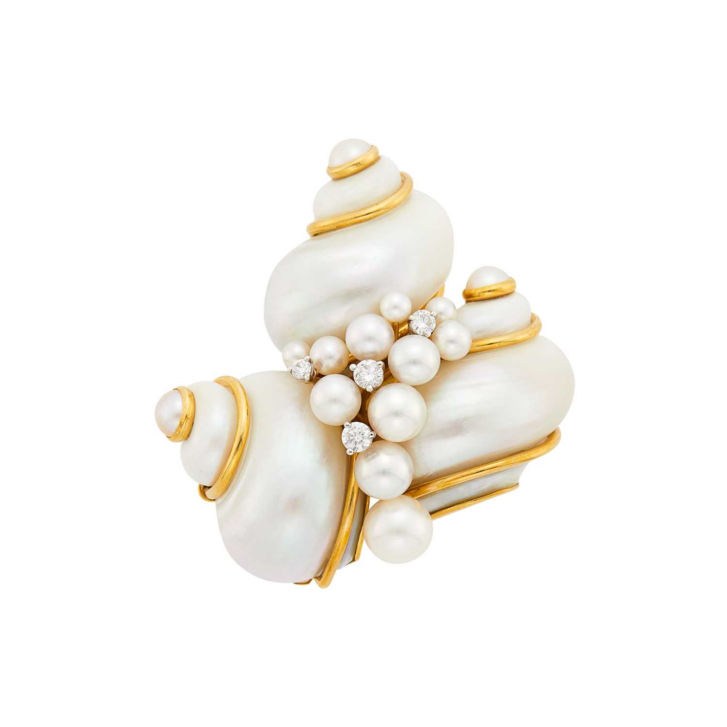 Lot 24 - Seaman Schepps Gold, Shell, Cultured and Split Pearl and Diamond Clip-Brooch