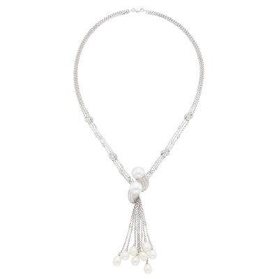 Lot 48 - Triple Strand White Gold, South Sea and Freshwater Cultured Pearl and Diamond Sautoir