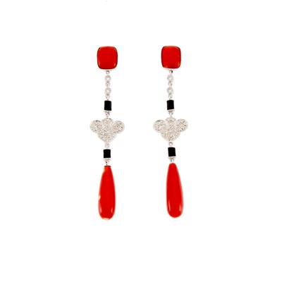 Lot 1073 - Pair of White Gold, Coral, Black Onyx and Diamond Pendant-Earrings