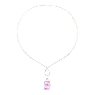 Lot 1047 - White Gold Kunzite and Colored Diamond Pendant with Silver Torque Necklace
