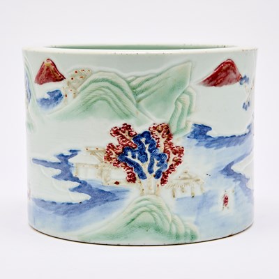 Lot 568 - A Chinese Slip-Decorated Porcelain Brush Pot, Bitong