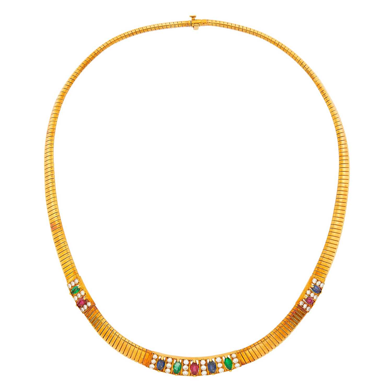 Lot 38 - Gold, Diamond, Emerald, Ruby and Sapphire Snake Link Necklace, France