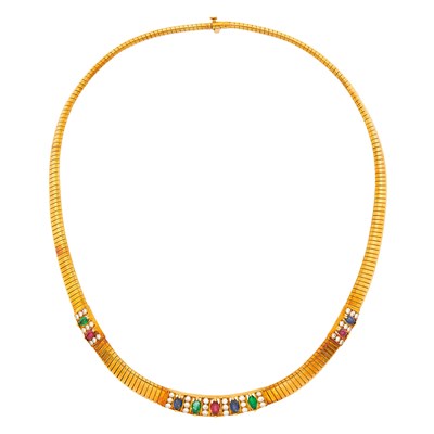 Lot 38 - Gold, Diamond, Emerald, Ruby and Sapphire Snake Link Necklace, France