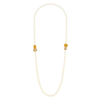 Lot 33 - Van Cleef and Arpels Long Cultured Pearl, Gold, Diamond, and Yellow Sapphire Necklace/Pair of Necklaces Combination