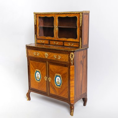 Lot 452 - French Gilt-Bronze and Sèvres Style Porcelain Mounted Parquetry Inlaid Tulipwood Bonheur du Jour