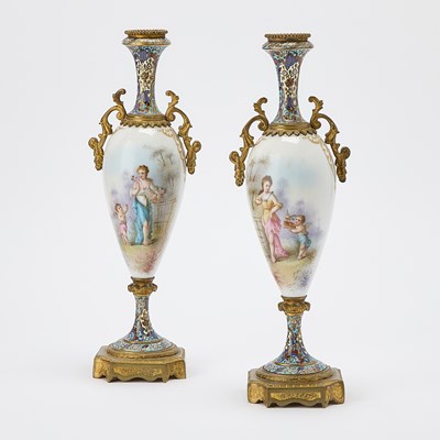 Lot 178 - Pair of Sèvres Style Gilt Bronze Mounted Champlevé Porcelain Vases