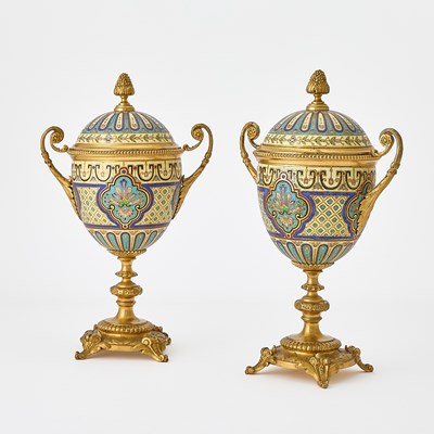 Lot 144 - Pair of French Gilt-Bronze Mounted Champlevé Enamel Covered Vases
