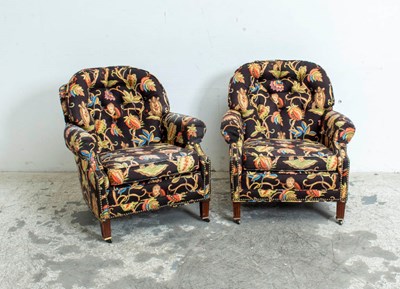 Lot 237 - Pair of Black Floral Upholstered Armchairs