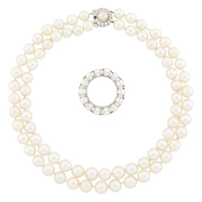 Lot 1124 - White Gold, Cultured Pearl and Diamond Double Strand Necklace and Circle Brooch