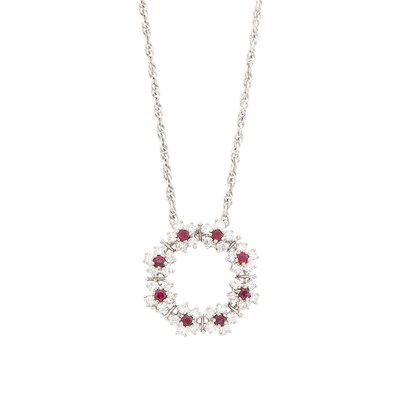 Lot 1101 - White Gold, Diamond and Ruby Circle Pendant-Brooch with Chain Necklace