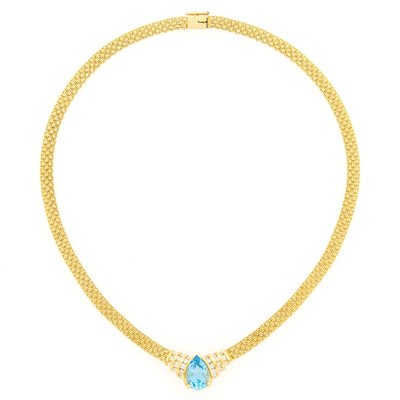Lot 1166 - Gold, Blue Topaz and Diamond Necklace