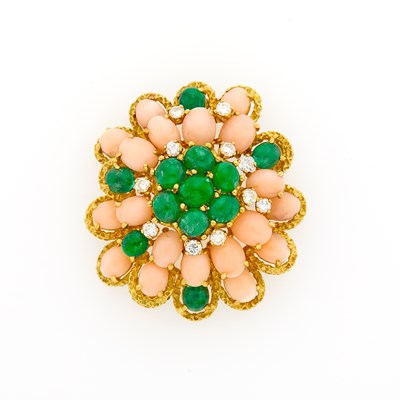 Lot 1019 - Gold, Cabochon Emerald, Angel Skin Coral and Diamond Pendant-Brooch