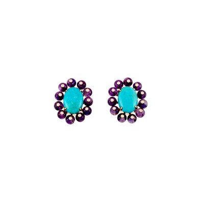 Lot 1190 - Pair of Gold, Turquoise, Amethyst and Diamond Earrings