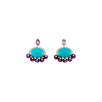 Lot 1186 - Pair of Gold, Turquoise, Amethyst and Diamond Pendant-Earrings