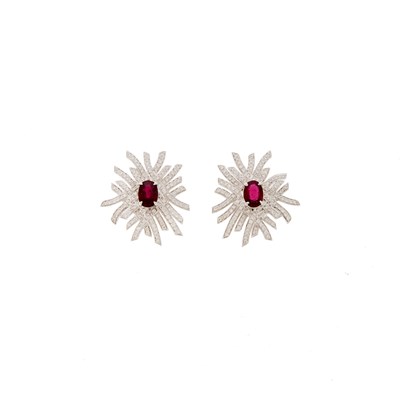 Lot 1107 - Pair of Platinum, Ruby and Diamond Earrings