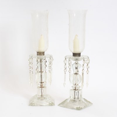 Lot 152 - Pair of Etched Glass Candlesticks with Hurricane Shades