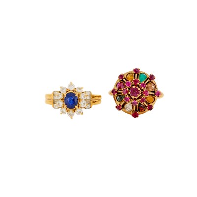 Lot 1257 - Two Gold, Low Karat Gold, Diamond and Gem-Set Rings