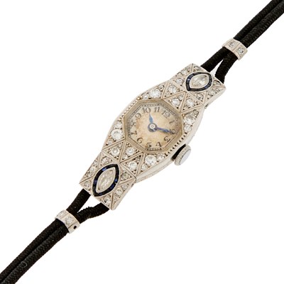 Lot 1129 - Platinum, Diamond and Synthetic Sapphire Wristwatch