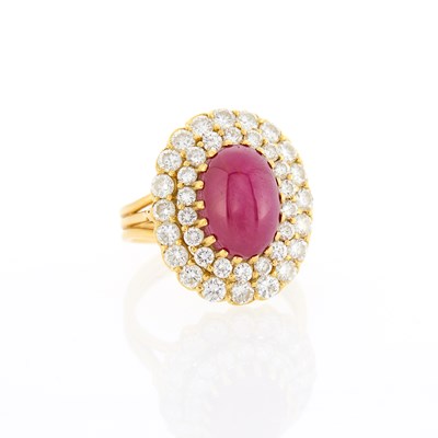 Lot 1218 - Gold, Cabochon Ruby and Diamond Ring