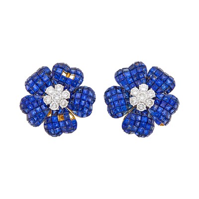 Lot 114 - Pair of Gold, Invisibly-Set Sapphire and Diamond Flower Earclips