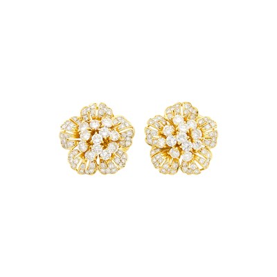 Lot 124 - Pair of Gold and Diamond Flower Earrings