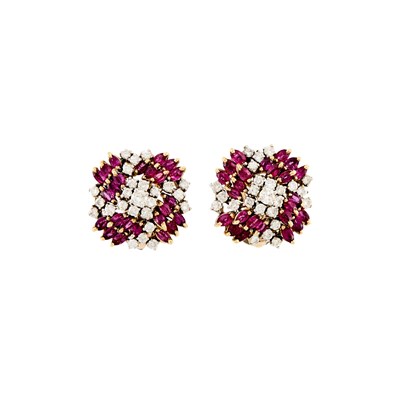 Lot 1161 - Pair of Two-Color Gold, Diamond and Ruby Earrings