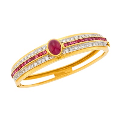 Lot 1156 - Gold, Cabochon Ruby, Ruby and Diamond Bangle Bracelet