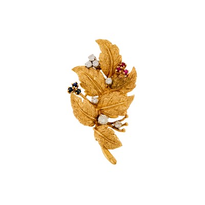 Lot 1039 - Gold, Diamond, Ruby and Sapphire Leaf Brooch