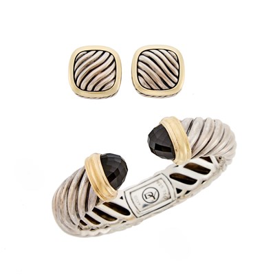 Lot 1300 - David Yurman Silver, Gold and Black Onyx Bracelet and Pair of 'Albion Cable' Earclips