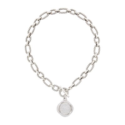 Lot 1284 - David Yurman Silver and Diamond 'Infinity' Enhancer Pendant with Silver and Sapphire Chain