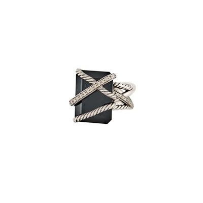 Lot 1299 - David Yurman Silver, Black Onyx and Diamond 'Cable Wrap' Ring