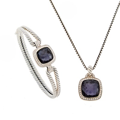 Lot 1293 - David Yurman Silver, Amethyst, Hematine, and Diamond 'Albion' Pendant-Necklace and Bangle Bracelet
