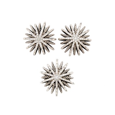 Lot 1290 - David Yurman Silver and Diamond 'Starburst' Earclips and Ring
