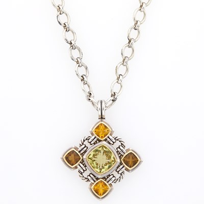 Lot 1286 - A Silver, Gold, Quartz and Citrine 'Renaissance' Enhancer Pendant, David Yurman, with a Silver Chain Necklace, Links of London